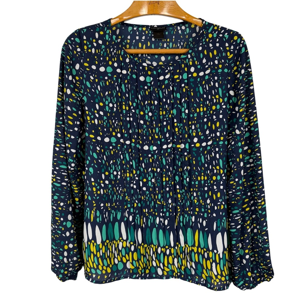 Ann Taylor Blouse Pintuck Abstract Dot Large Navy Blue Green Yellow Long Sleeve